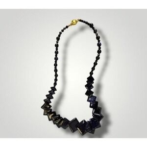 Blue Goldstone Shimmering Geometric Diamond Bead Statement Necklace Gold Clasp